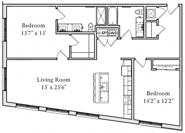 Floor plan for 2 beds, 2 baths, 1293 sqft